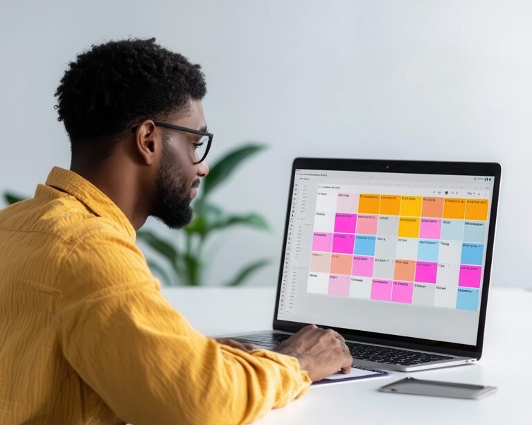 A person organizing a digital or content calendar.