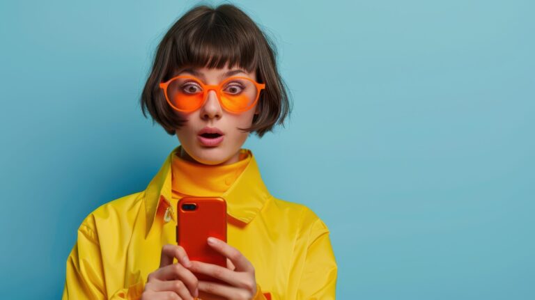 A shocked woman looking at her phone.